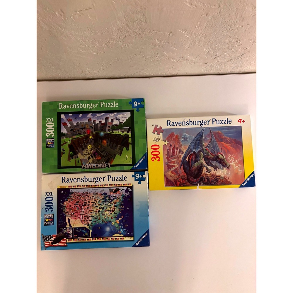 Ravensburger 300 XXL Piece Puzzle Bundle Minecraft Dragon USA Map Set of 3